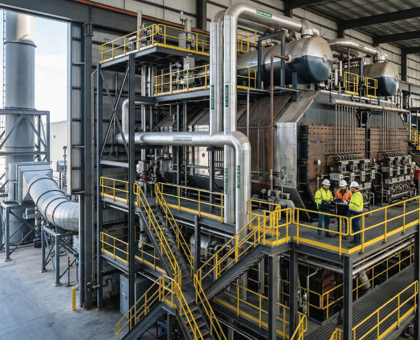 Factory workers inspecting machinery