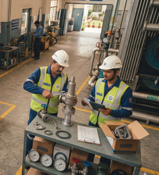 Industrial engineers inspecting safety valve