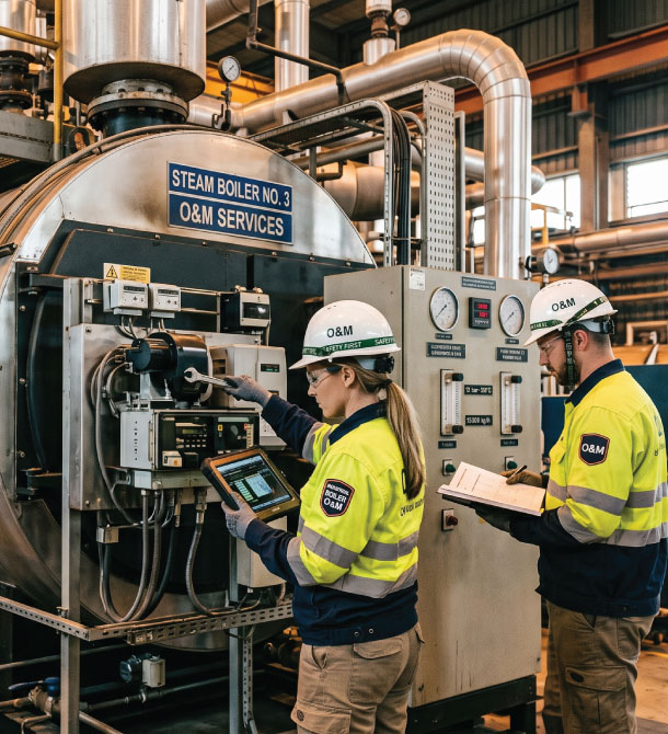 Industrial steam boiler maintenance team