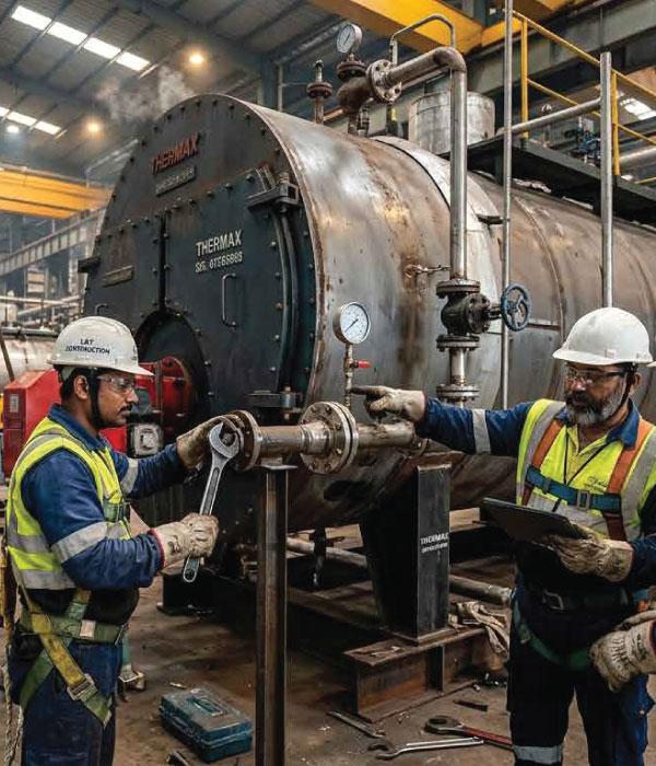 Industrial boiler maintenance workers