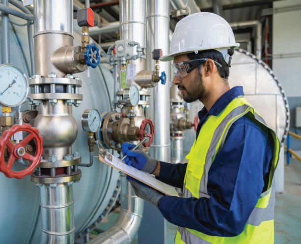 Industrial engineer inspecting valves
