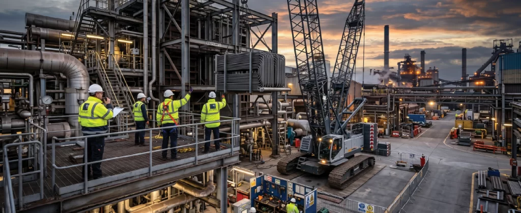 Industrial Construction Site with Engineers, Crane, and Processing Plant