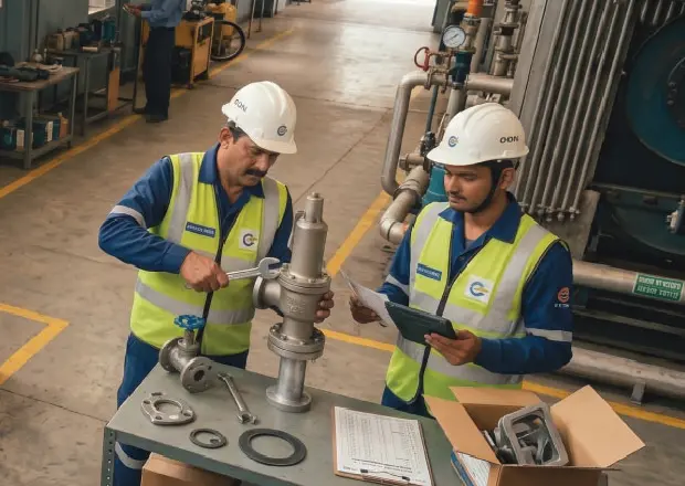 Industrial engineers inspecting safety valve
