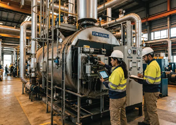 Industrial steam boiler maintenance team