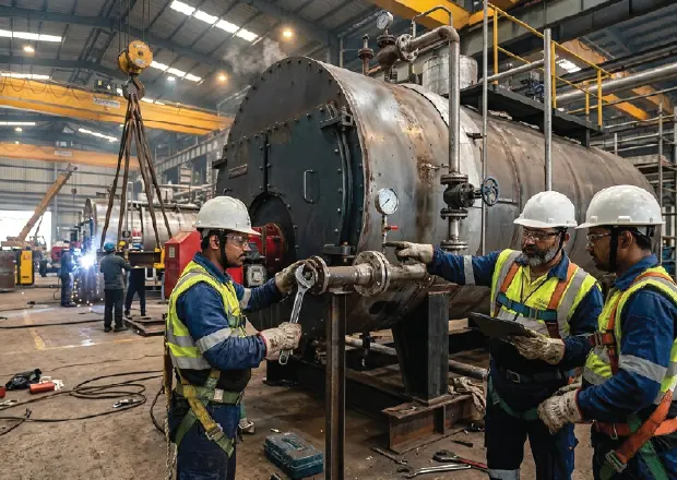 Industrial boiler maintenance workers